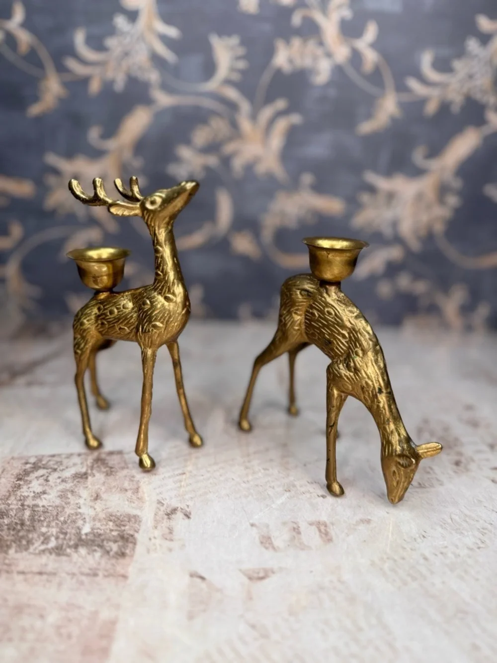 Vintage Brass Deer Candle Holders Pair Stag Figurine Taper Holders